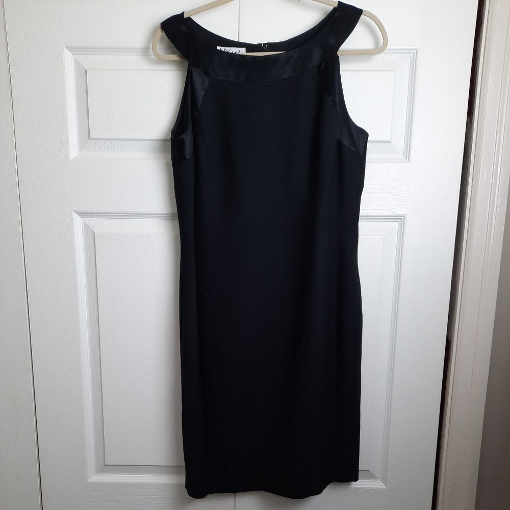 NY Sake Black Lined Sheath Dress Size 14 with satin-like neck trim details